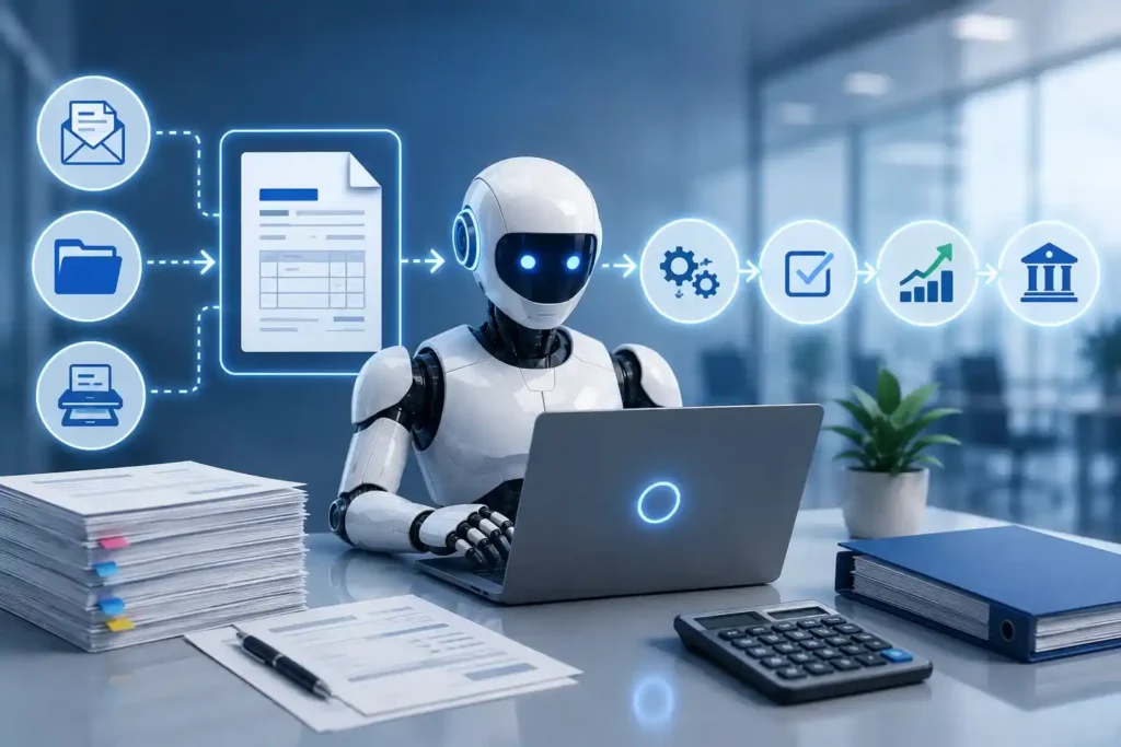 AI-powered robotic process automation system managing accounts payable tasks, including invoice capture, data extraction, validation, approval workflows, and payment processing in a modern digital office.