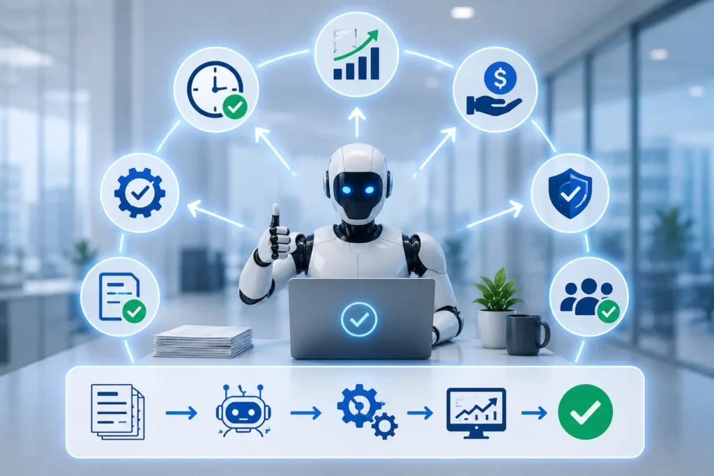 Futuristic RPA-powered accounts payable workspace showing automated invoice workflows, improved efficiency, faster approvals, cost savings, compliance, and business growth through intelligent automation