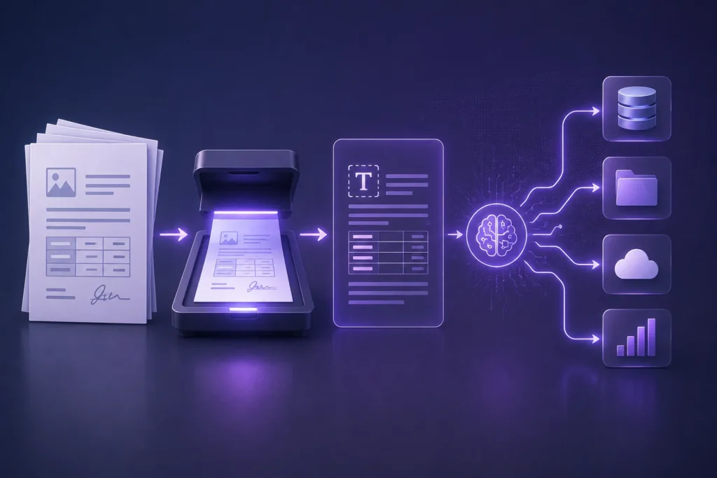 AI-powered OCR and intelligent document processing workflow converting scanned documents into structured digital data and cloud integrations.