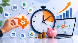 Clean modern illustration showing Zapier ROI workflow automation, a puzzle piece icon, clock for time savings, app integrations, and business growth visuals with a laptop and piggy bank.