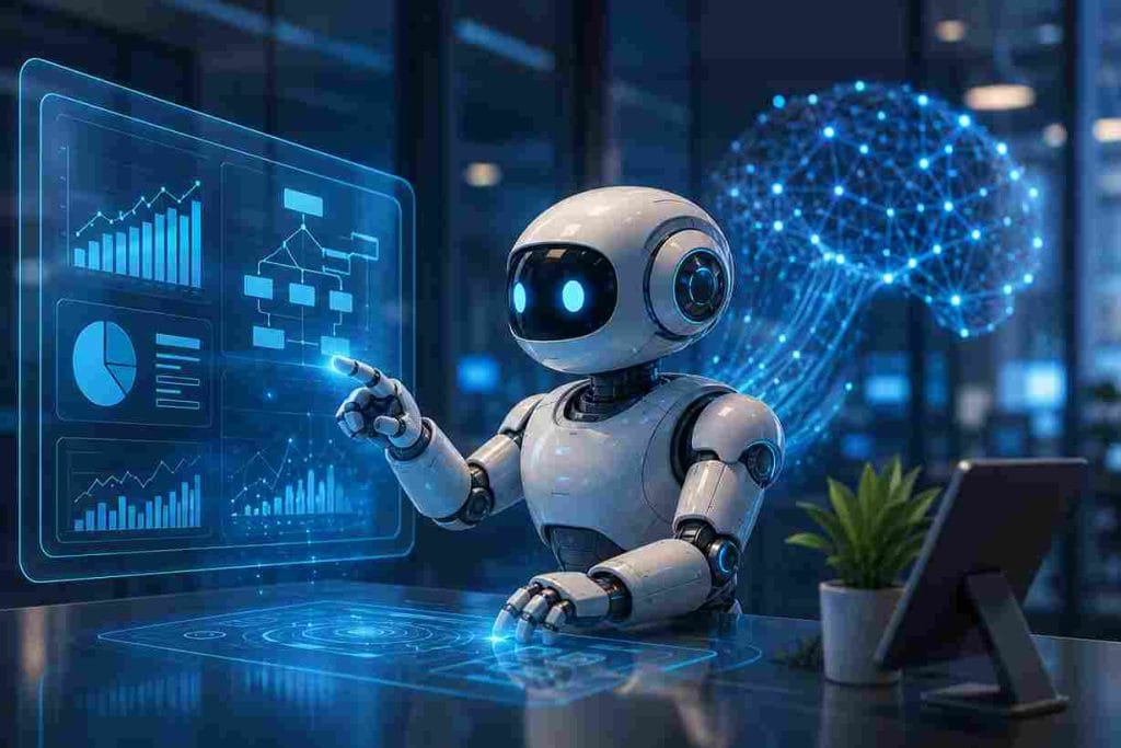 Agentic RPA bot analyzing business workflows and automation data through an AI-powered digital dashboard.