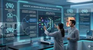 Two researchers in a modern laboratory interact with a large, glowing digital interface titled "Agentic AI-Driven Medical Research Workflow". The display visualizes a multi-stage process from data collection and literature review to virtual simulations, data analysis, and final knowledge synthesis.