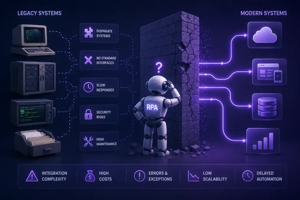Illustration of RPA integration challenges between legacy systems and modern cloud platforms, highlighting complexity, security risks, and automation barriers.