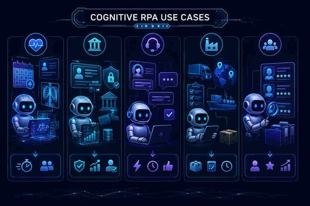 Illustration of Cognitive RPA use cases with AI-powered bots across healthcare, banking, support, logistics, and HR.
