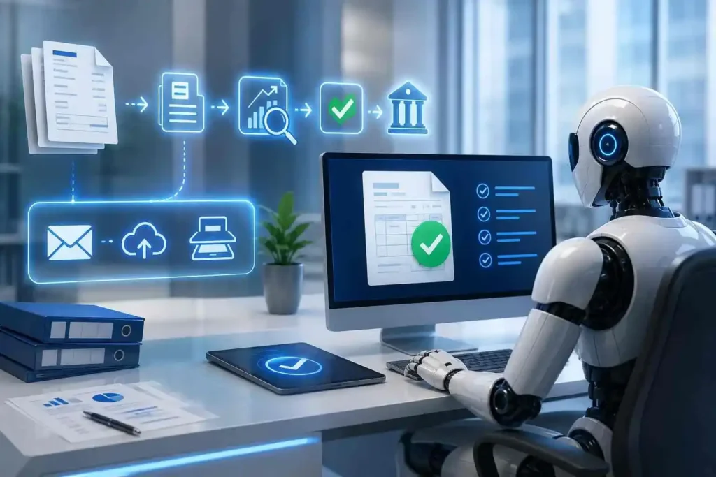 Automated invoice processing workflow with an AI-powered RPA robot managing digital documents, approvals, validation, and payment processing in a modern smart office environment.