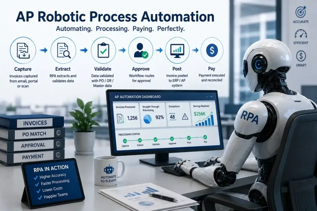 AI-powered RPA robot automating accounts payable workflows with digital invoice processing, validation, approvals, ERP posting, and payment management in a modern smart office.