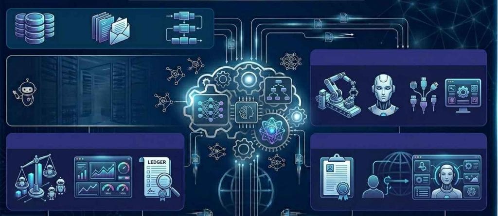 A futuristic tech console showcasing an end-to-end intelligent automation workflow. It connects data sources (like server stacks and files) through a central "intelligent gear-brain" core, which processes data and scales automation across various operational functions, including robotic arms, global network monitoring, performance analytics, and compliance ledgers.