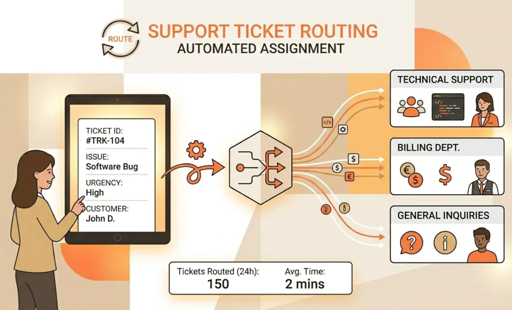 An infographic illustrating automated support ticket routing. A user creates a ticket on a tablet, which is automatically assigned and routed to the correct department (Technical Support, Billing, or General Inquiries) based on keywords. Metrics show 150 tickets routed in the past 24 hours with an average routing time of 2 minutes.