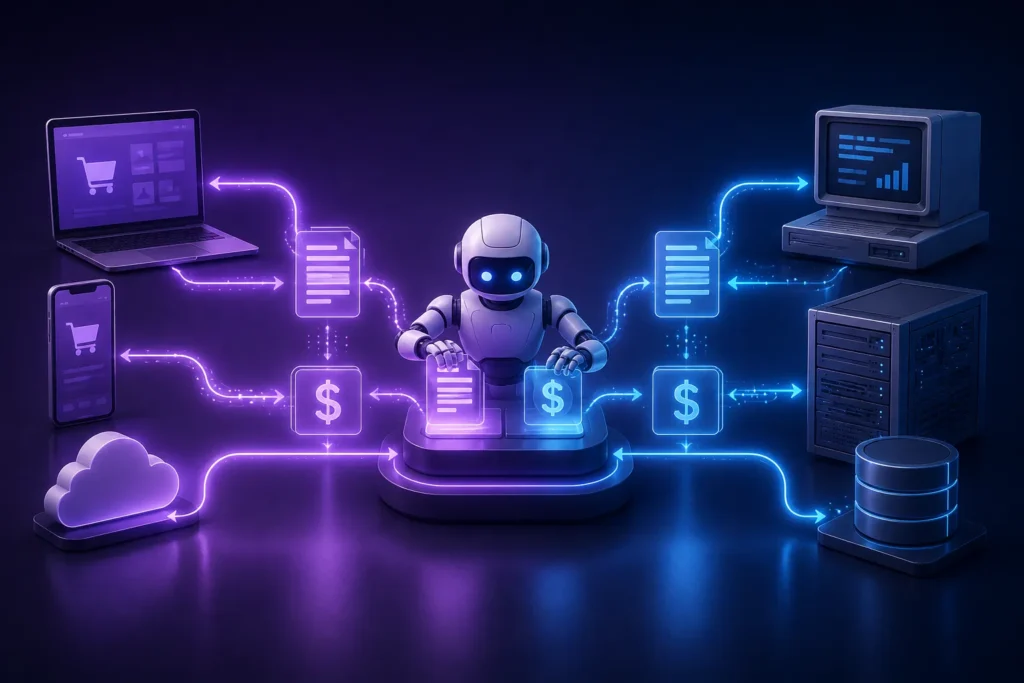 RPA transaction automation connecting modern digital platforms with legacy systems through seamless data and payment workflows.