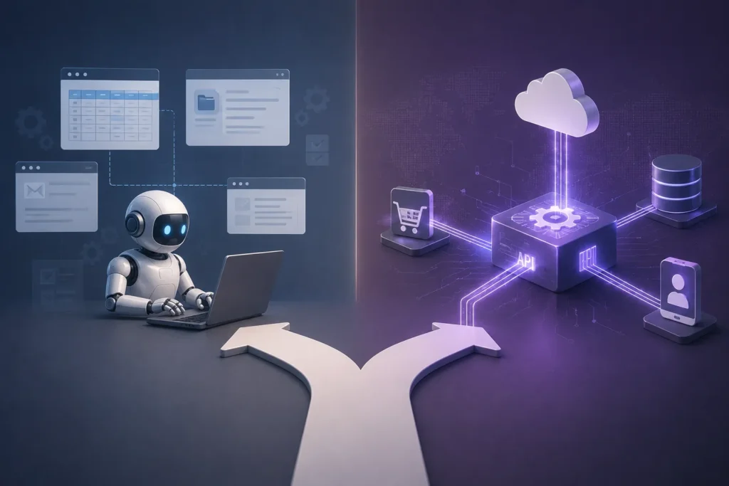 Split-screen illustration comparing RPA automation workflows with API-based system integration and cloud connectivity.