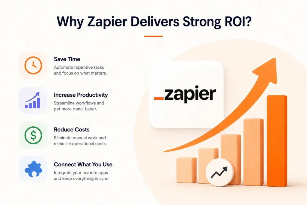 Clean infographic showing “Why Zapier Delivers Strong ROI” with icons for time savings, productivity, cost reduction, and app integration alongside a rising growth chart and Zapier branding.