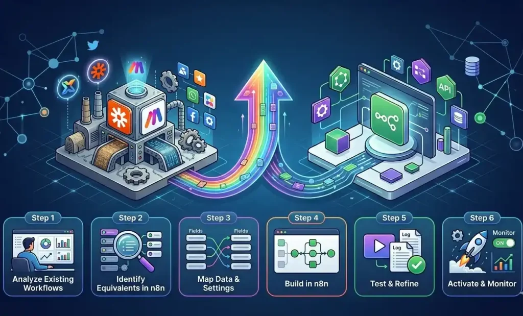 "A professional infographic showing a step-by-step migration from Zapier/Make to n8n. The top features an isometric illustration of data flowing from a multi-colored factory hub on the left, curving upward through a glowing rainbow arrow, and entering a sleek digital monitor interface on the right.