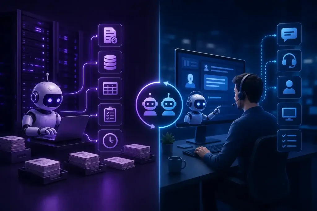 Split-screen illustration of unattended RPA bots handling backend tasks and attended bots assisting employees in real-time workflows.
