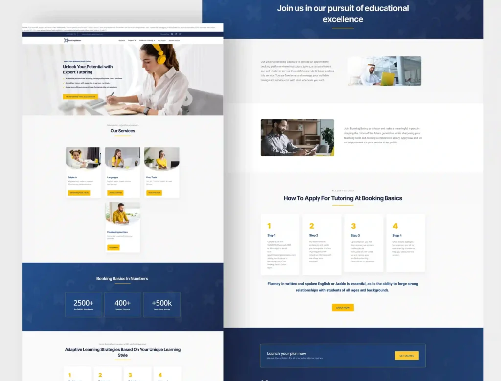 Website design for "Booking Basics," an online tutoring platform. The layout features a clean white background contrasted with a dark blue color theme, yellow call-to-action buttons, student imagery, and sections for services, student metrics, and tutor applications.