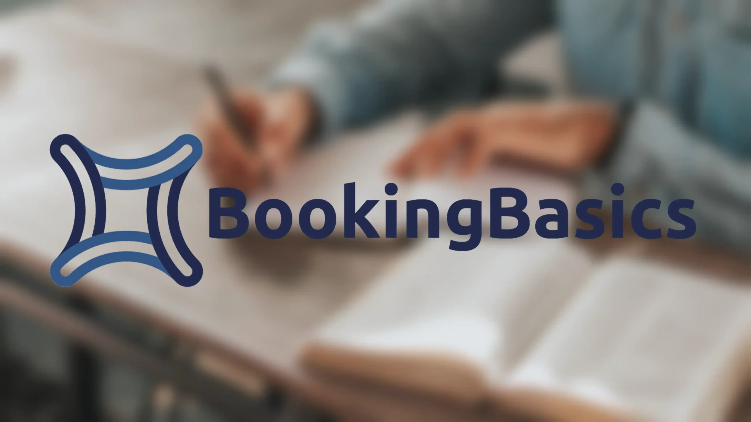The corporate logo for "BookingBasics" in a bold, dark blue sans-serif font, positioned next to an abstract, interconnected four-pointed star icon in shades of blue. The logo is overlaid on a softly blurred, warm-toned background of a person writing in a notebook next to an open textbook.