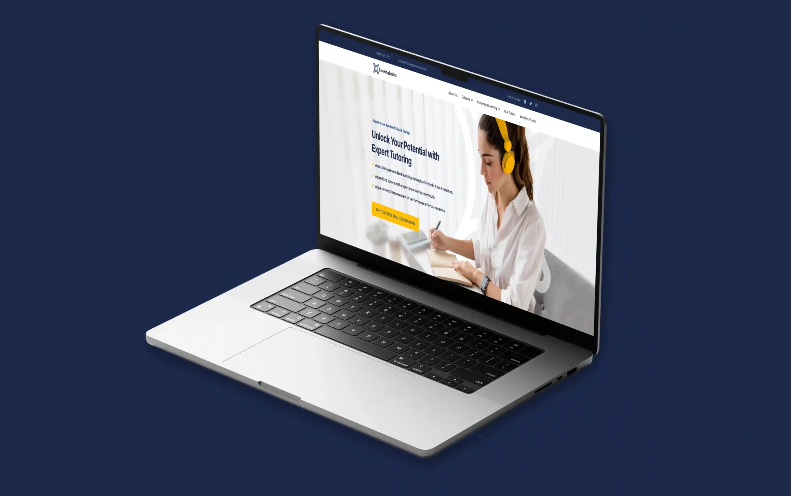 Laptop mockup displaying an online tutoring website on a blue background.