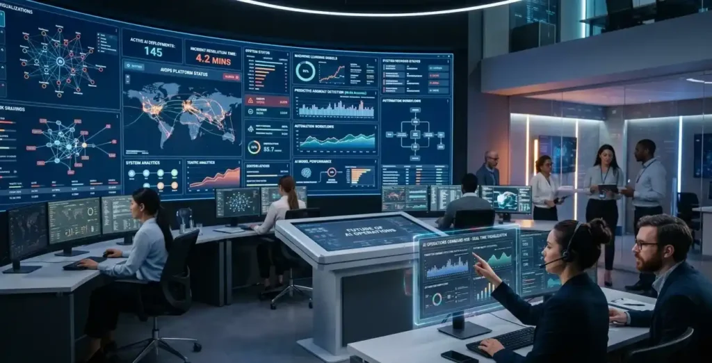 A modern AI Operations (AIOps) command center featuring a massive, curved digital dashboard displaying global networks, system analytics, and predictive metrics. Professional operators sit at workstations monitoring data, collaborating, and interacting with touchscreen interfaces in a high-tech corporate environment.