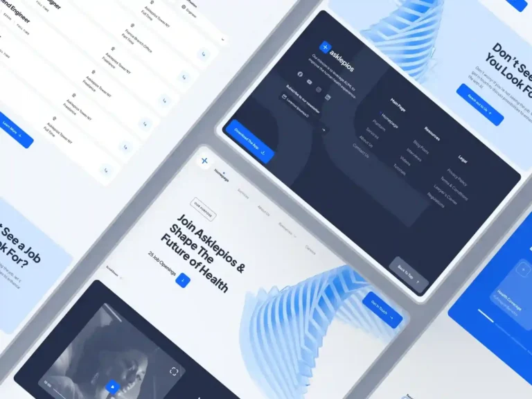 Website UI mockup for a health tech company named Asklepios showing job listings and platform pages.