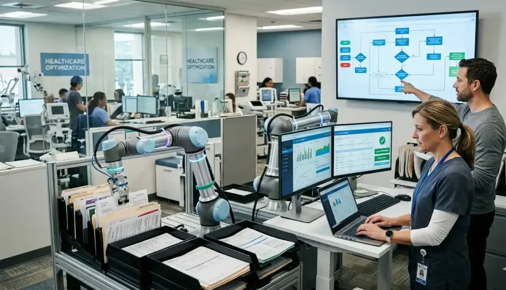 Healthcare staff using robotic process automation and AI systems to manage patient records, workflows, and claims processing in a modern healthcare office.