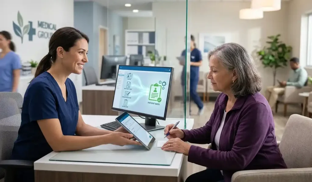Healthcare professional assisting a patient with digital patient onboarding and electronic data registration using an automated healthcare management system.