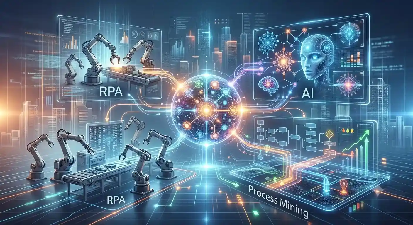 A futuristic digital dashboard illustrating hyperautomation, featuring an interconnected glowing central node that links robotic assembly arms (RPA), an AI face profile with a digital brain network, and a data flowchart diagram with growth metrics (Process Mining).