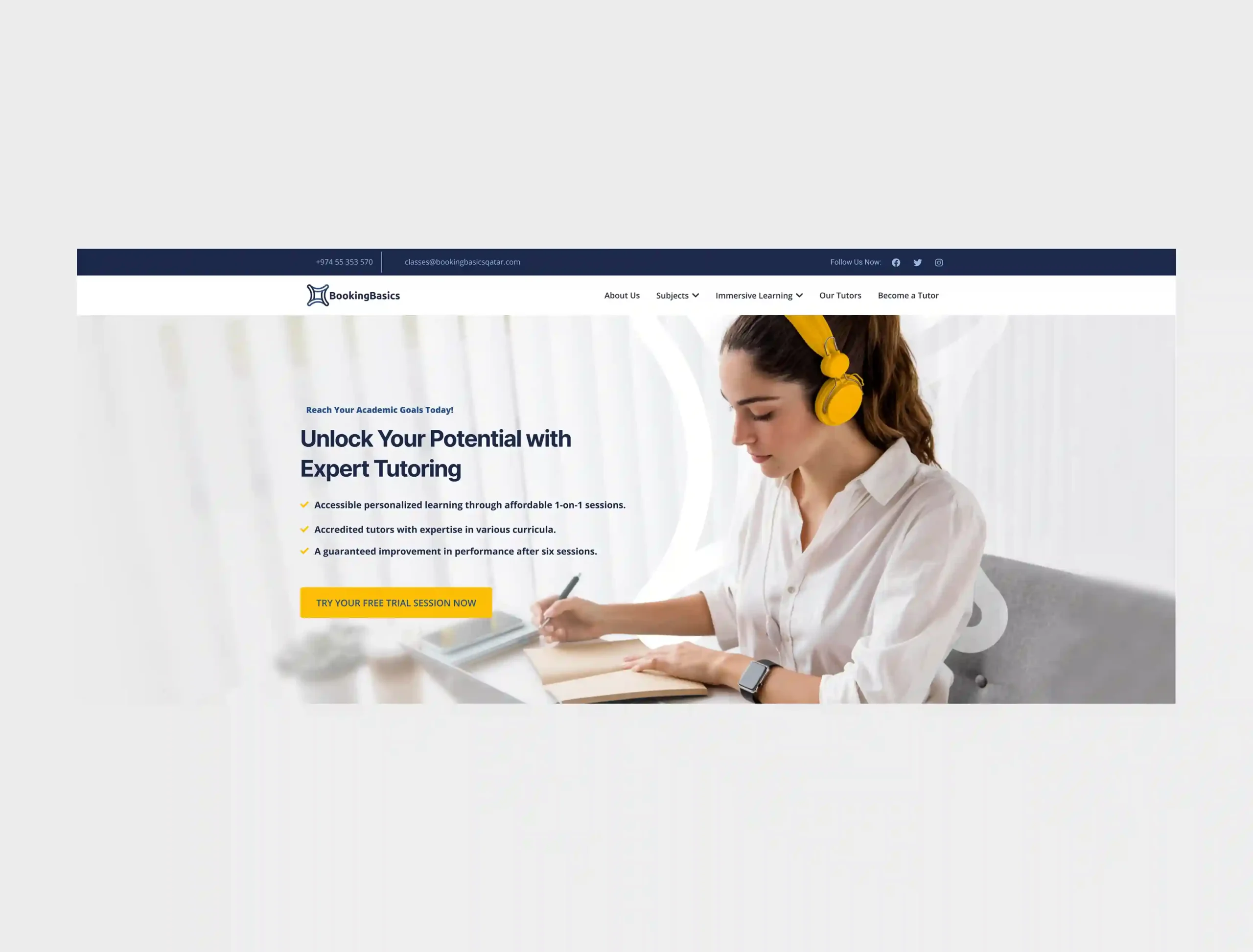 Image – Booking Basics_11zon_11zon (1) A desktop landing page banner for the "Booking Basics" tutoring platform. The layout features a clean white design with a dark blue top navigation bar and a prominent image of a female student wearing bright yellow headphones while taking notes. To the left, dark blue text reads "Unlock Your Potential with Expert Tutoring," accompanied by a list of key service benefits and a bright yellow "Try your free trial session now" call-to-action button.