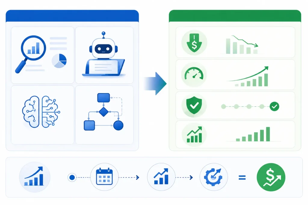Minimal infographic showing AI, automation, analytics, and workflow icons connected to business growth, efficiency, and ROI outcomes.