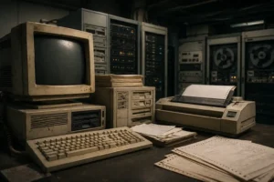 Vintage legacy computer systems with old CRT monitors, server racks, and paper-based data processing equipment.