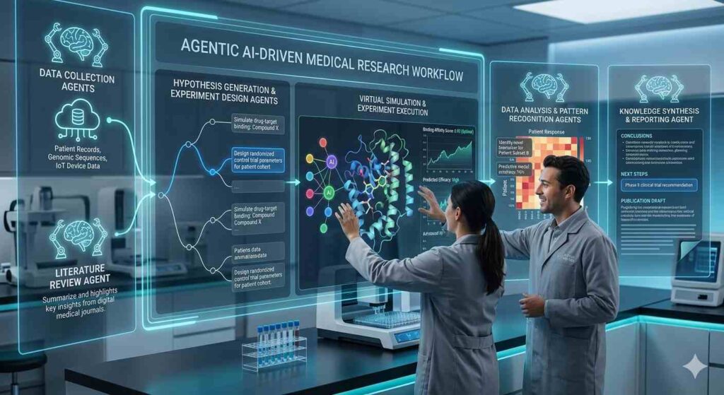 Two researchers in a modern laboratory interact with a large, glowing digital interface titled "Agentic AI-Driven Medical Research Workflow". The display visualizes a multi-stage process from data collection and literature review to virtual simulations, data analysis, and final knowledge synthesis.