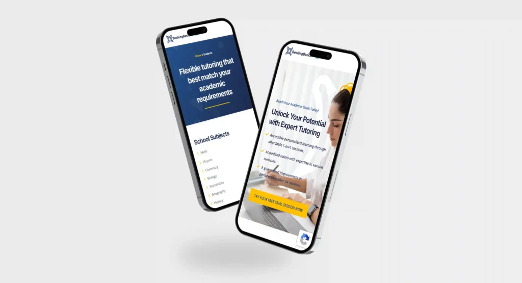 A professional mockup showcasing two floating smartphones displaying mobile screens of the "Booking Basics" tutoring platform against a plain grey background. The left phone displays the "School Subjects" list page with a dark blue header, while the right phone shows the main homepage featuring a student image and a prominent yellow call-to-action button.