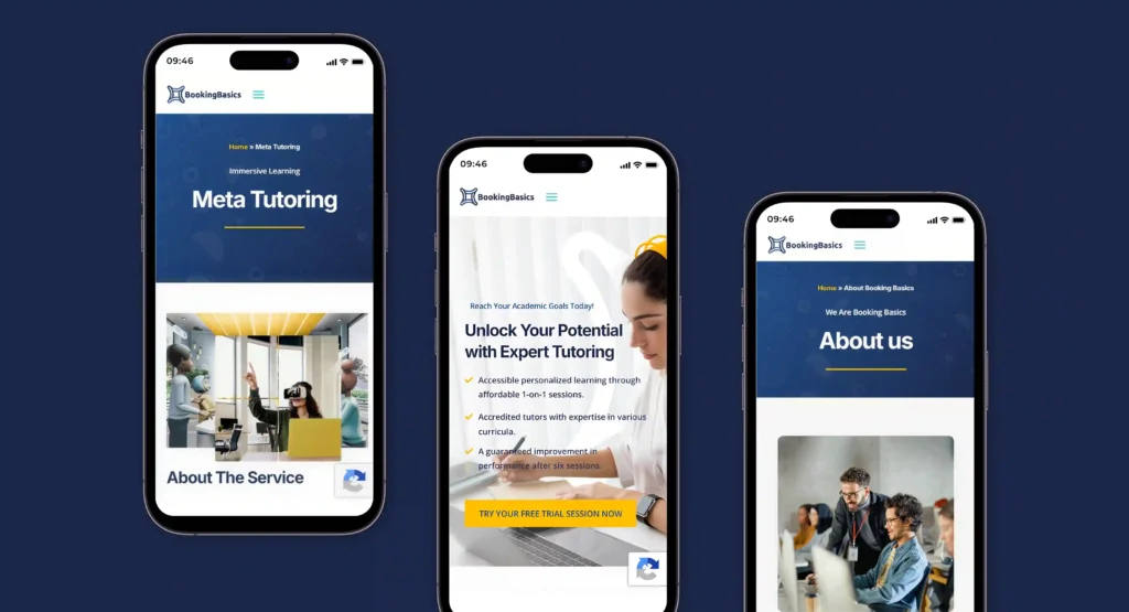 A professional mobile mockup showcasing three responsive screen designs for the "Booking Basics" tutoring platform against a dark blue background. The screens display the "Meta Tutoring" immersive learning page, the main homepage with a yellow call-to-action button, and the "About us" page.