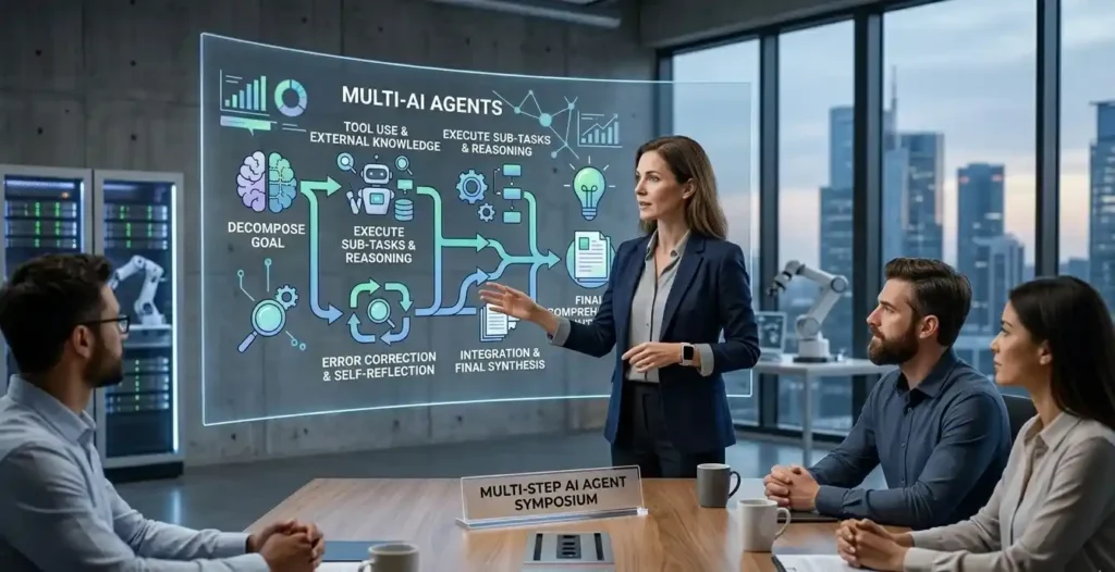 A woman in a business suit presents a glowing holographic flowchart titled "MULTI-AI AGENTS" to three colleagues in a modern corporate boardroom. The background features a city skyline at dusk through large windows.