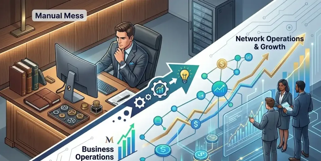 An abstract, professional technical infographic illustration split diagonally into two contrasting business concepts. The top-left section depicts a traditional, high-end wood-paneled executive office setting representing manual processes. The bottom-right section showcases an advanced, automated digital workspace using a sleek dark blue color palette, featuring interconnected network nodes, rising financial growth charts, and a team analyzing an interactive dashboard.