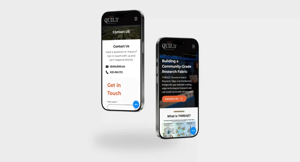 Two mobile mockups displaying responsive QUILT website pages, including a contact form and a community research initiative page, highlighting a clean and accessible mobile experience.
