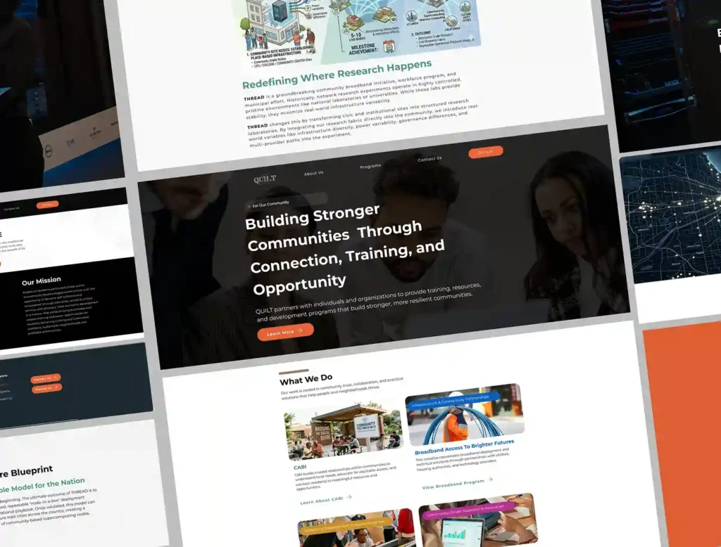 Collage of QUILT website interface screens showcasing a modern nonprofit platform with community-focused programs, responsive layouts, and visually structured content sections.