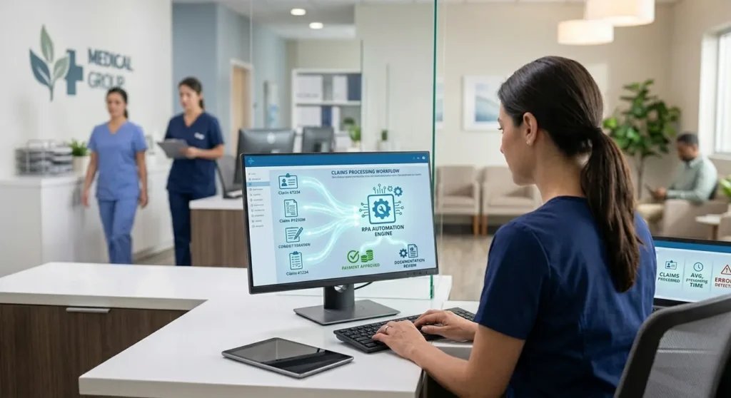 Healthcare employee using an RPA-powered claims processing system to automate insurance verification, claim tracking, and payment approval workflows in a medical office.