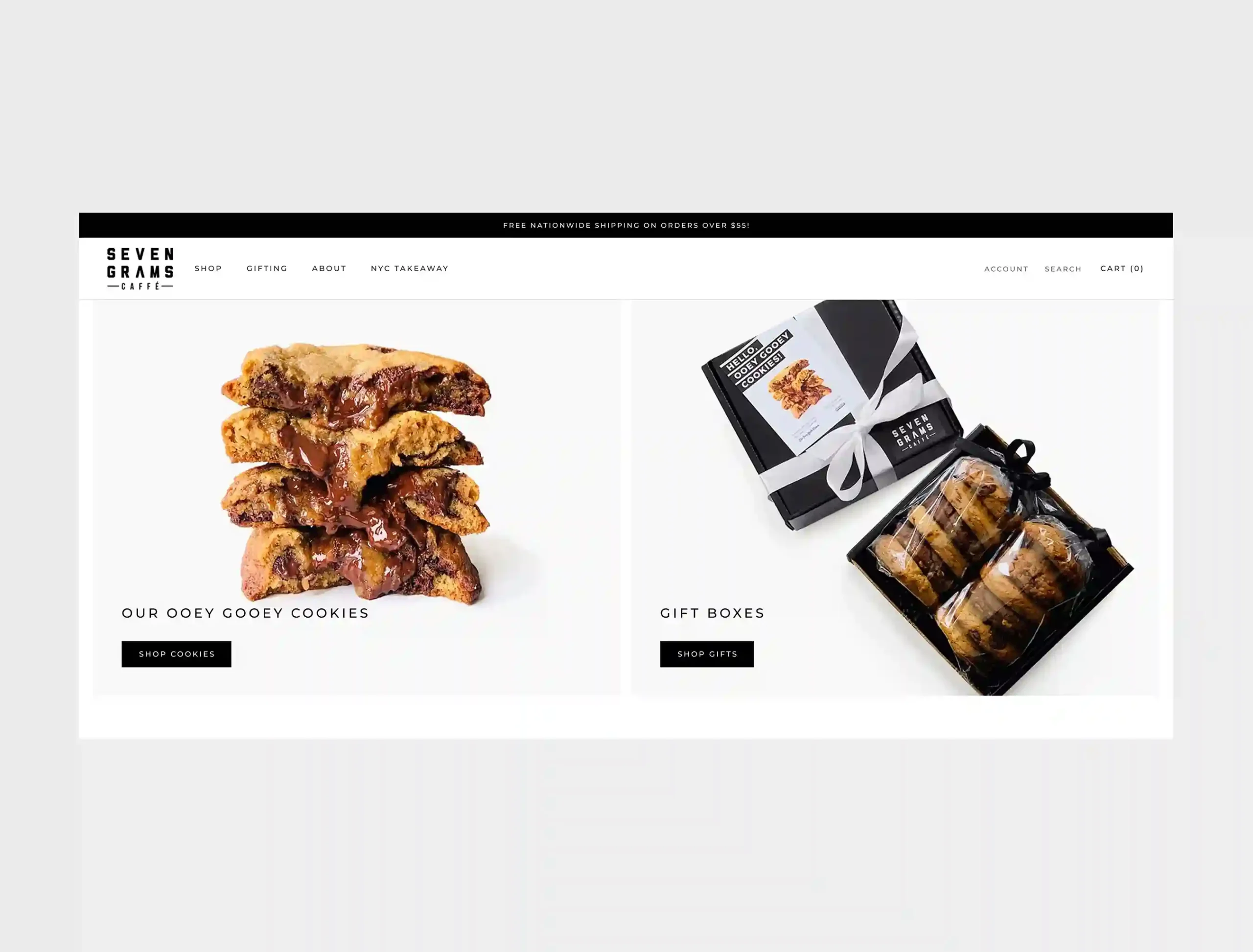 Seven Grams Caffé website homepage featuring stacked chocolate chip cookies and gourmet cookie gift boxes with minimalist black-and-white branding.