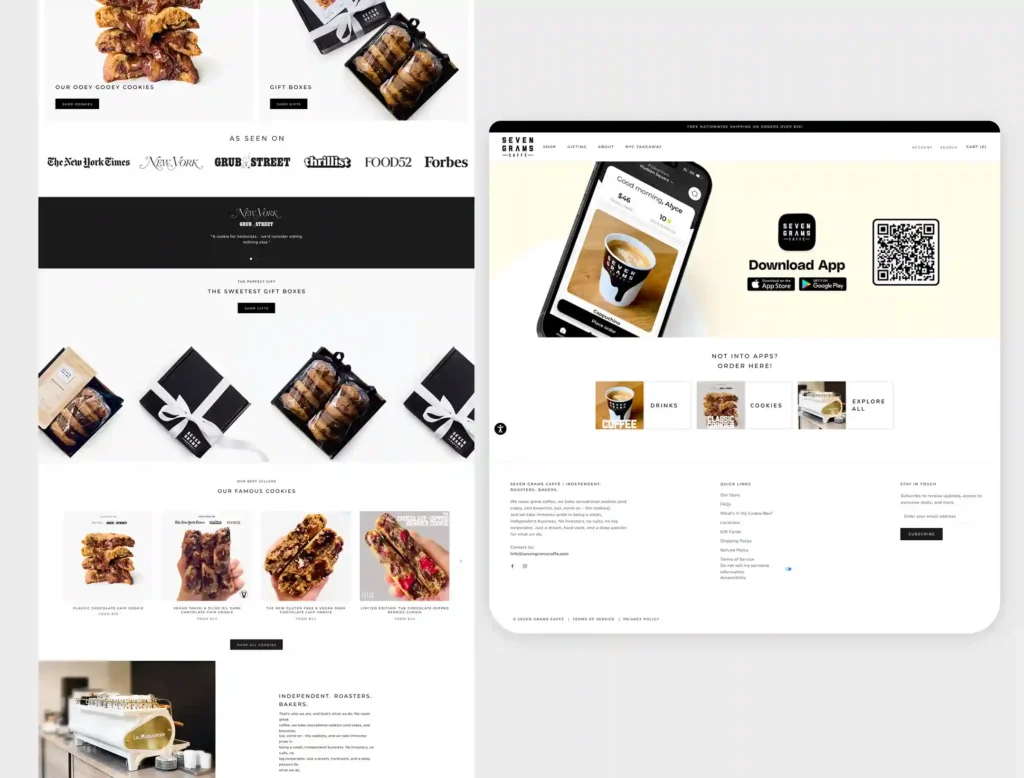 Desktop and mobile views of the Seven Grams Caffé website showcasing gourmet cookies, gift boxes, app download section, and minimalist black-and-white branding.