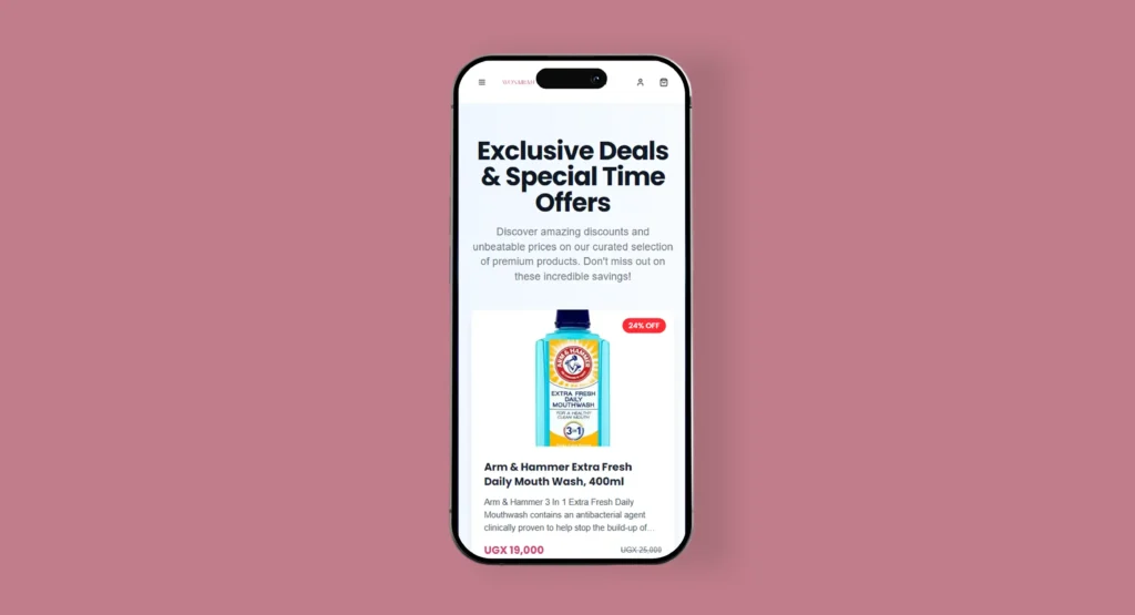 A smartphone mockup displayed against a muted pink background, showing the WONAIRAH mobile shopping interface with a promotional banner reading ‘Exclusive Deals & Special Time Offers’ and a discounted Arm & Hammer mouthwash product listing.