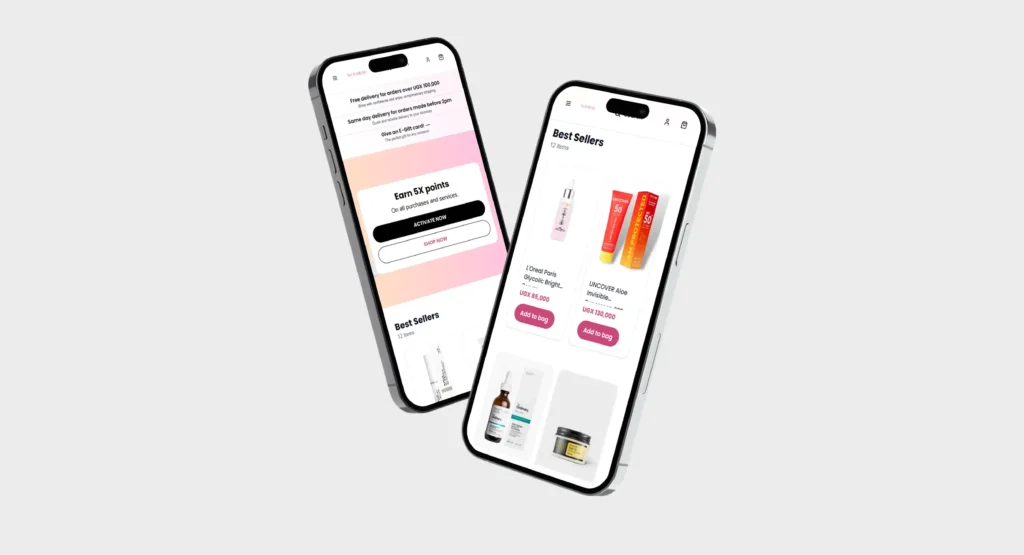 Two angled smartphone mockups displaying the WONAIRAH mobile shopping interface against a light gray background. One screen features a promotional rewards banner with ‘Earn 5X points,’ while the other showcases bestselling beauty and skincare products with prices and ‘Add to bag’ buttons