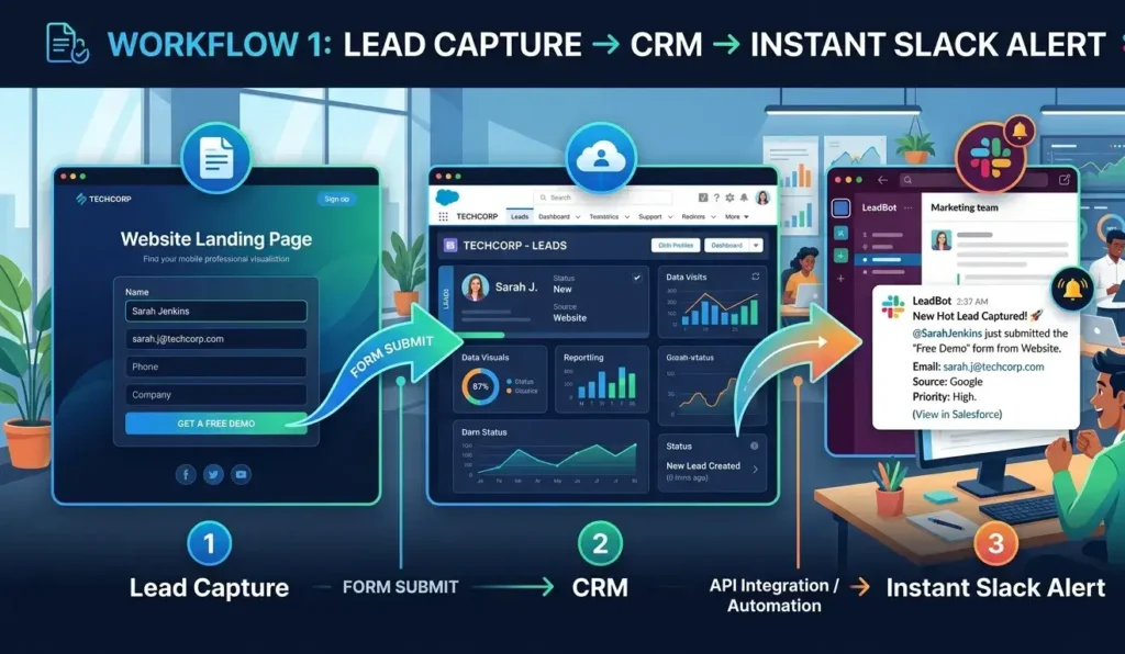 An infographic illustrating a three-step automated business workflow. It shows a landing page form submission (Lead Capture), which automatically populates a lead record in a Salesforce dashboard (CRM), which then instantly triggers a Slack alert in a marketing channel (Instant Slack Alert).