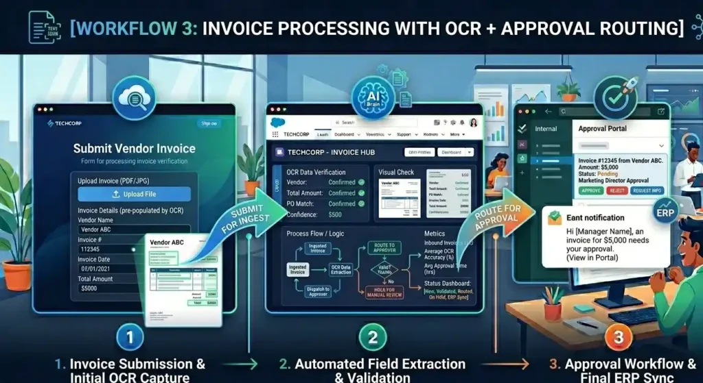 An infographic illustrating an AI-powered dynamic marketing workflow in a modern tech office.
It follows three stages: data ingestion, predictive insights and segmentation, and personalized omni-channel execution.
Diverse team members are shown collaborating over multiple data-rich screens.