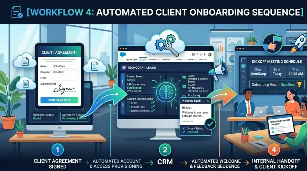 An infographic illustrating an automated client onboarding sequence in four stages: (1) digital client agreement signing, (2) automated CRM account and access provisioning, (3) sending automated welcome emails and feedback surveys, and (4) an internal team kickoff meeting for the new client.