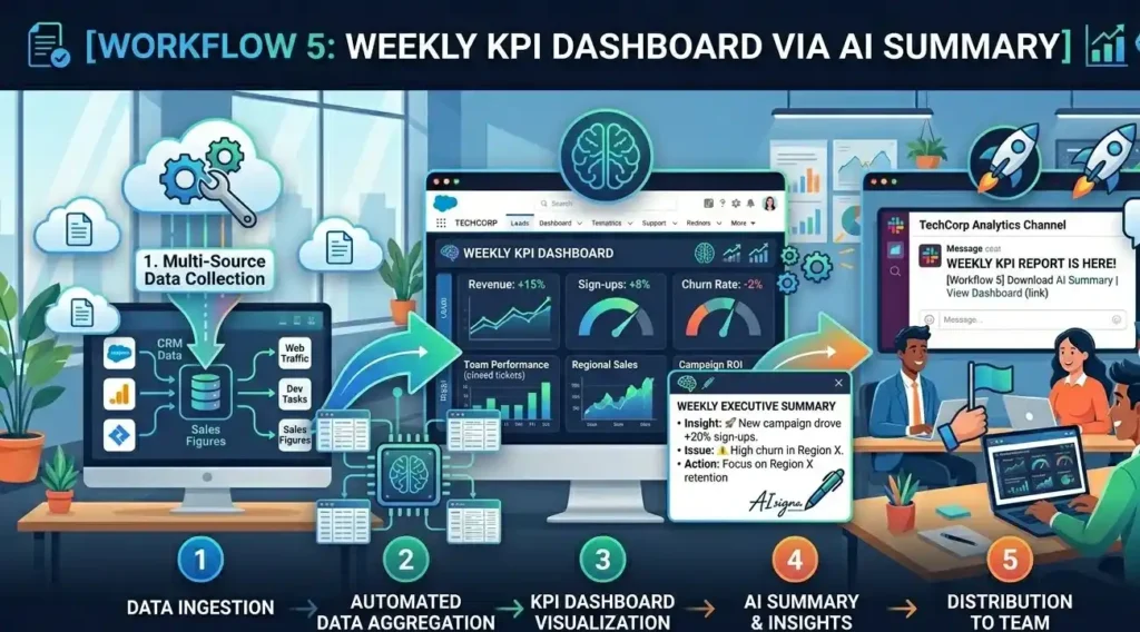 Illustration of an AI-powered weekly KPI dashboard workflow showing data ingestion, visualization, AI-generated insights, and automated team distribution.