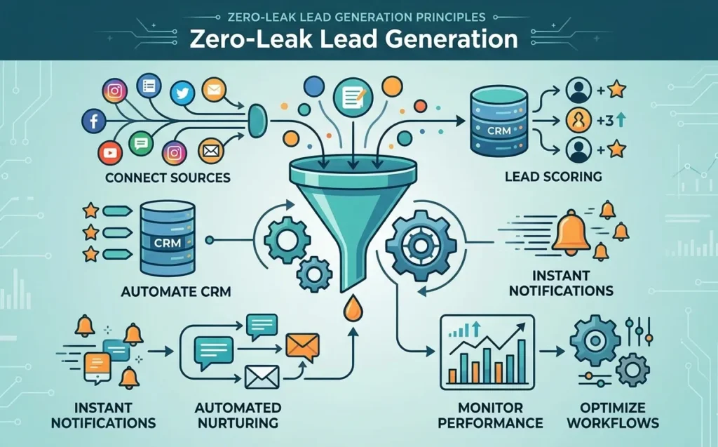 An infographic detailing "Zero-Leak Lead Generation" using a central funnel illustration surrounded by icons for CRM automation, lead scoring, instant notifications, automated nurturing, and performance monitoring.