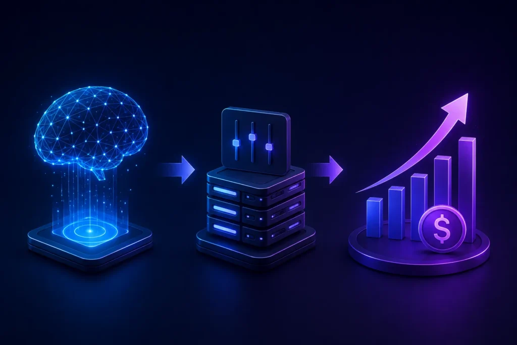 Futuristic illustration of an AI brain, server infrastructure, and upward financial growth chart symbolizing improved ROI through LLM fine-tuning.