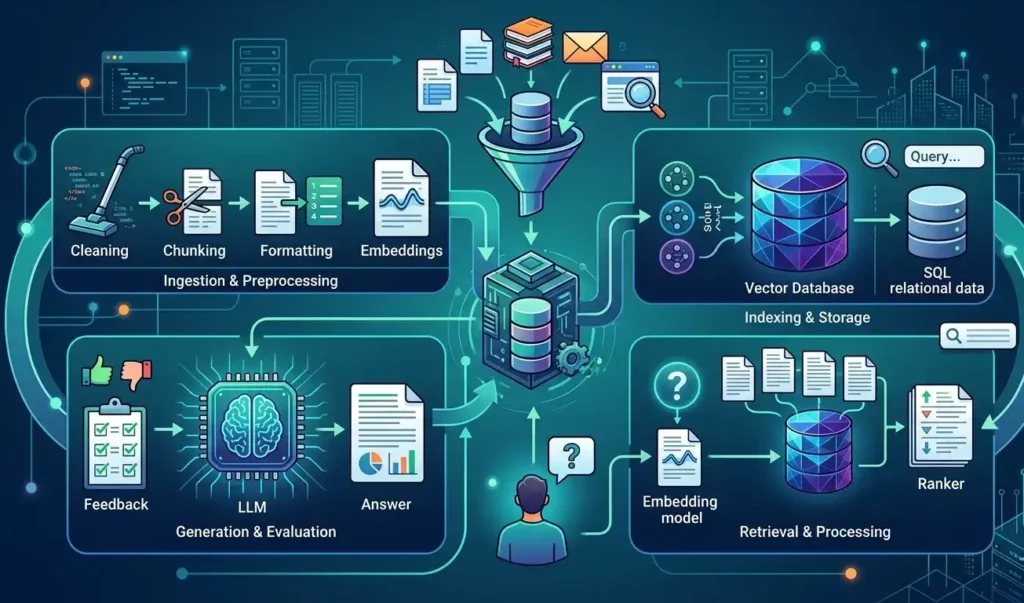 An intricate infographic illustrating a four-stage data processing and AI workflow, with sections for ingestion and preprocessing, indexing and storage, retrieval and processing, and generation and evaluation,