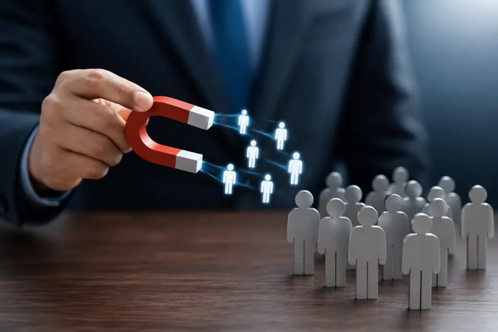 Hand using a magnet to attract small human icons, representing lead generation and customer acquisition in business.