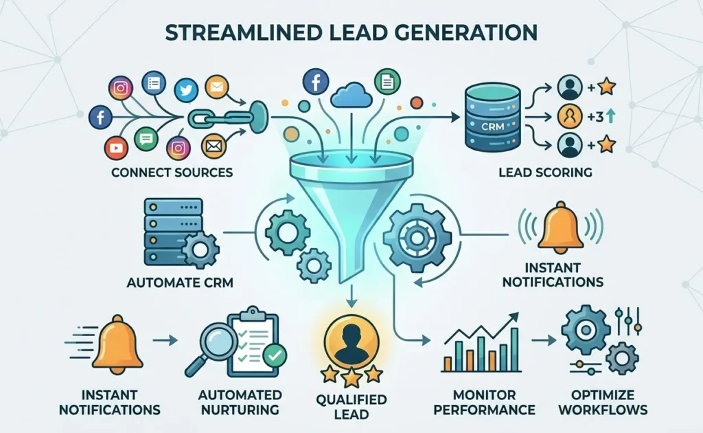 An infographic titled "STREAMLINED LEAD GENERATION" showing a step-by-step process centered around a lead funnel, with sections for connecting sources, automating CRM, lead scoring, notifications, automated nurturing, and monitoring.