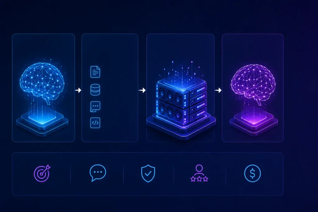 Minimal futuristic infographic with glowing AI brain, data icons, GPU server, neural network, and performance icons connected by arrows on a dark blue background.
